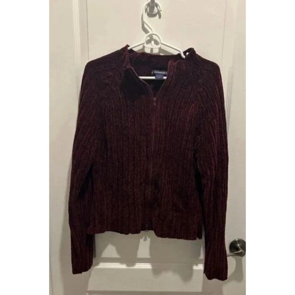 Vintage De Rotchild Maroon Chenille Knit Full Zip Sweater Jacket Mock Neck M